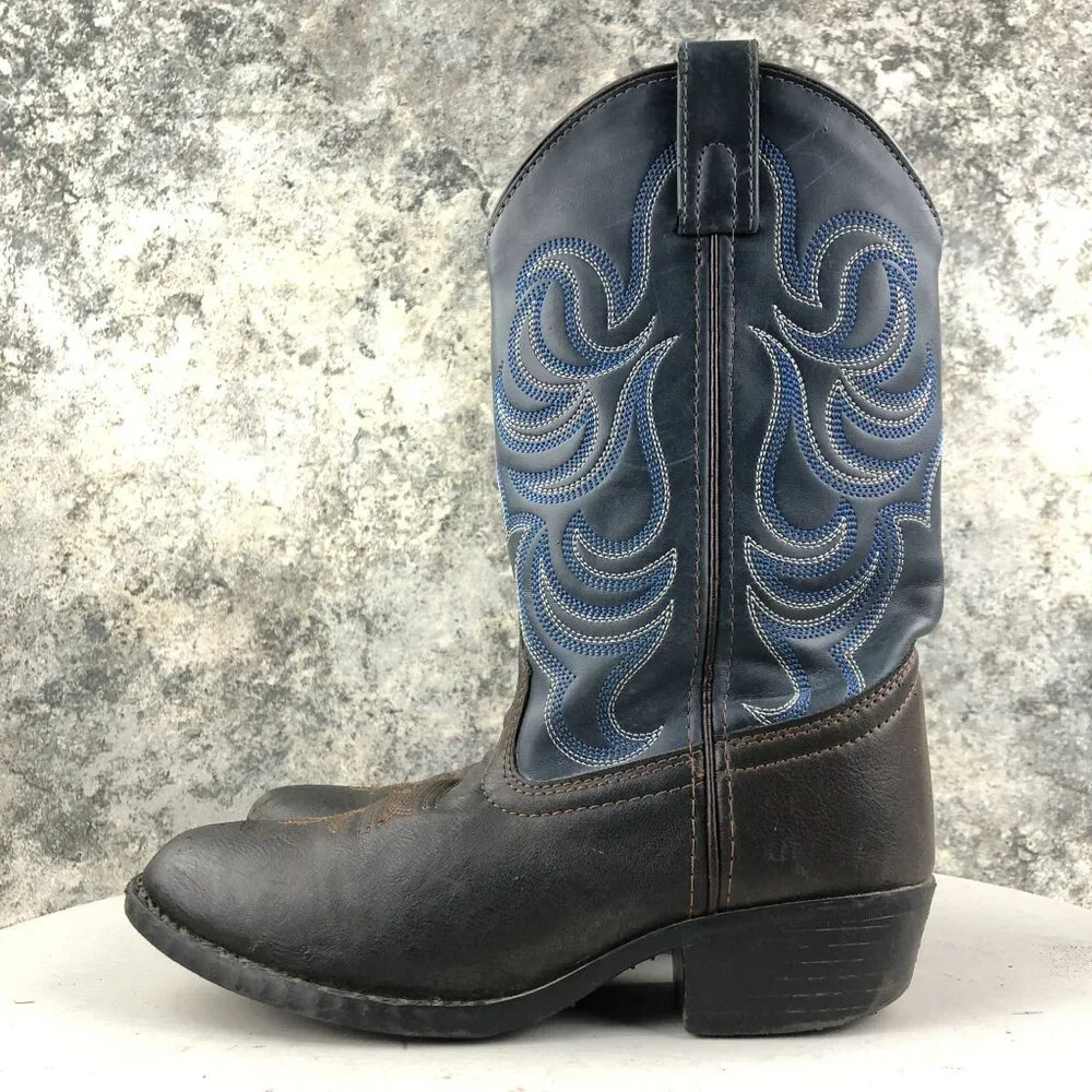 Smoky Mountain Kids Size 4 Monterey Western Brown Navy Blue Faux Leather Boots